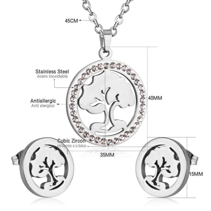 Steel/golden smooth partially glued diamond hollow tree cut jewelry set asonjewelry