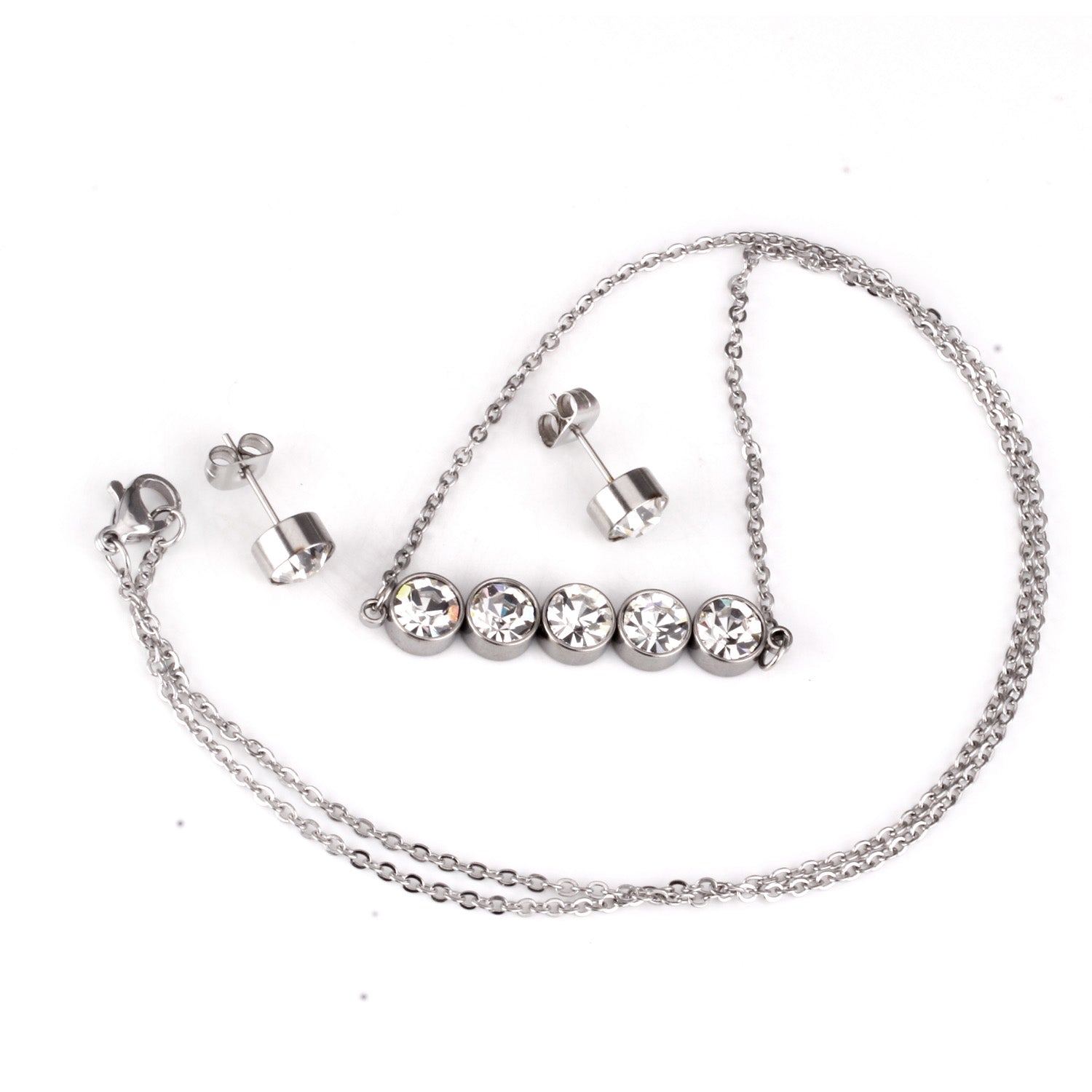 Gold/steel five white diamonds arranged in a word jewelry set asonjewelry