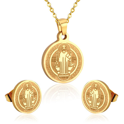Steel/golden surface etching out the king pattern cut jewelry set without diamonds asonjewelry