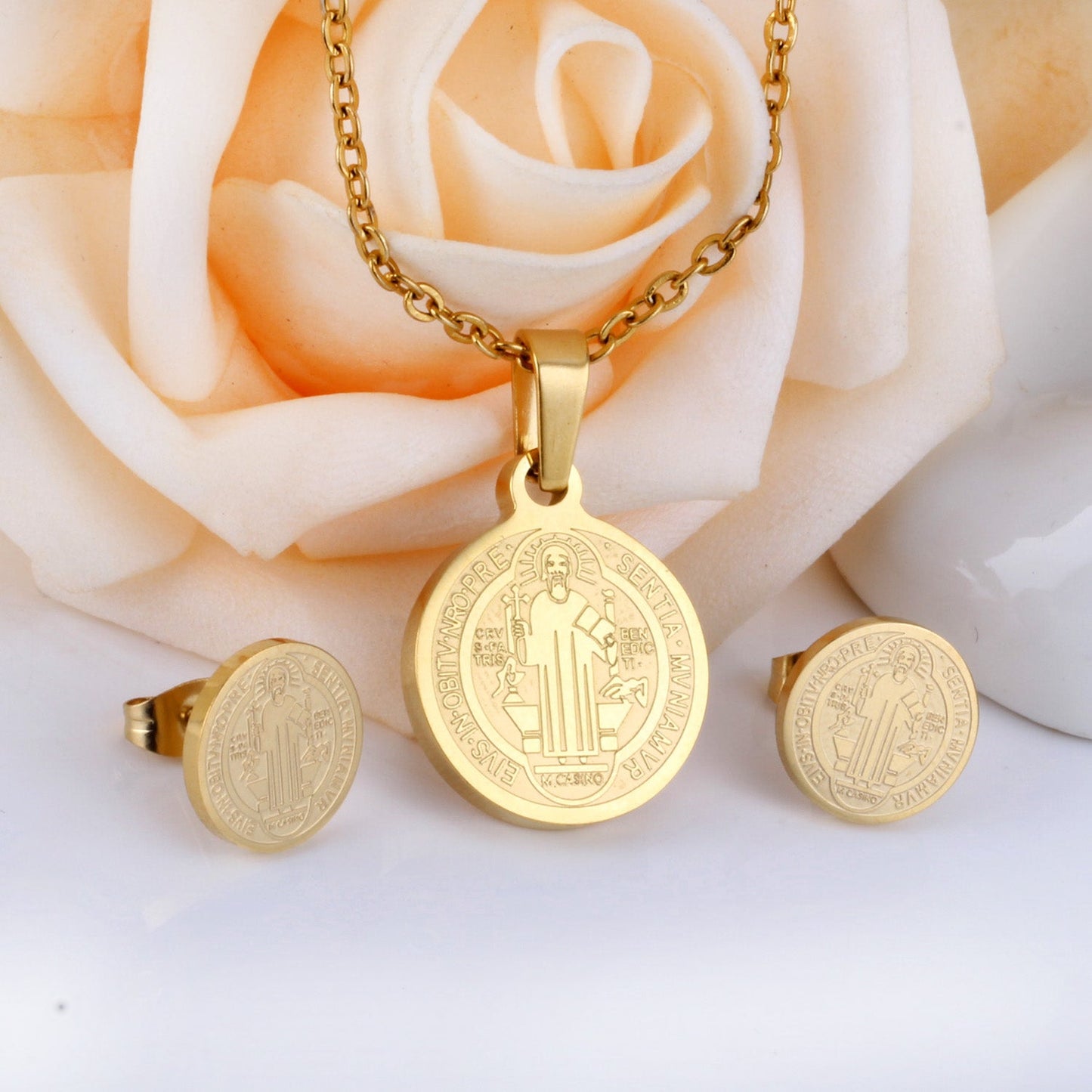 Steel/golden surface etching out the king pattern cut jewelry set without diamonds asonjewelry