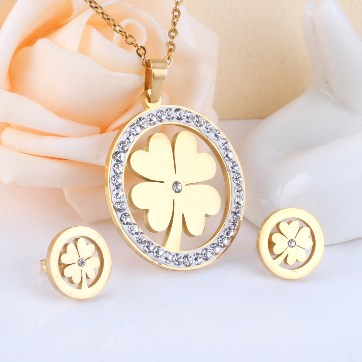 Steel/Golden Smooth Partial Surface Stick Diamond Wispy Small Flower Cut Jewelry Set asonjewelry