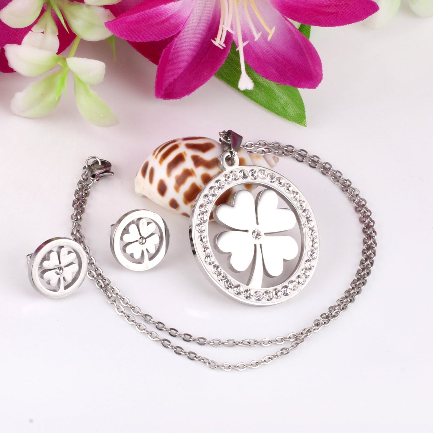 Steel/Golden Smooth Partial Surface Stick Diamond Wispy Small Flower Cut Jewelry Set asonjewelry