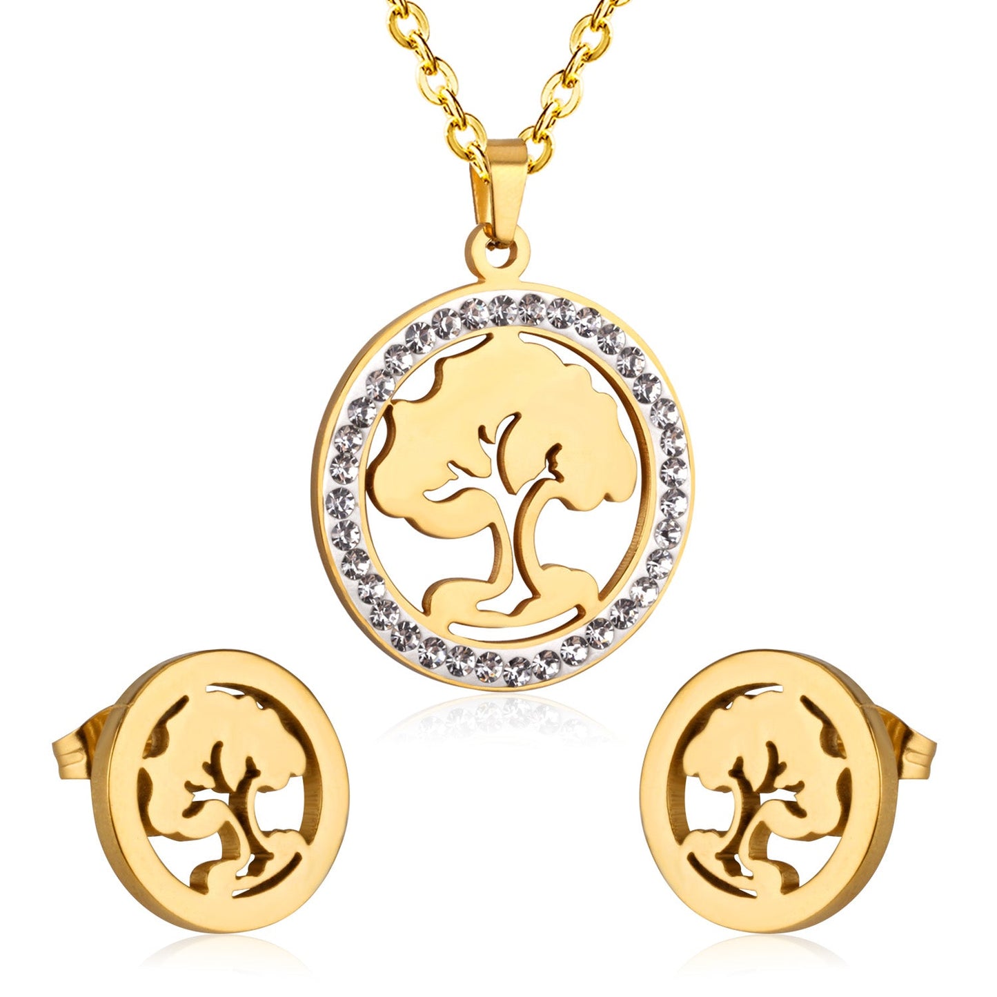 Steel/golden smooth partially glued diamond hollow tree cut jewelry set asonjewelry