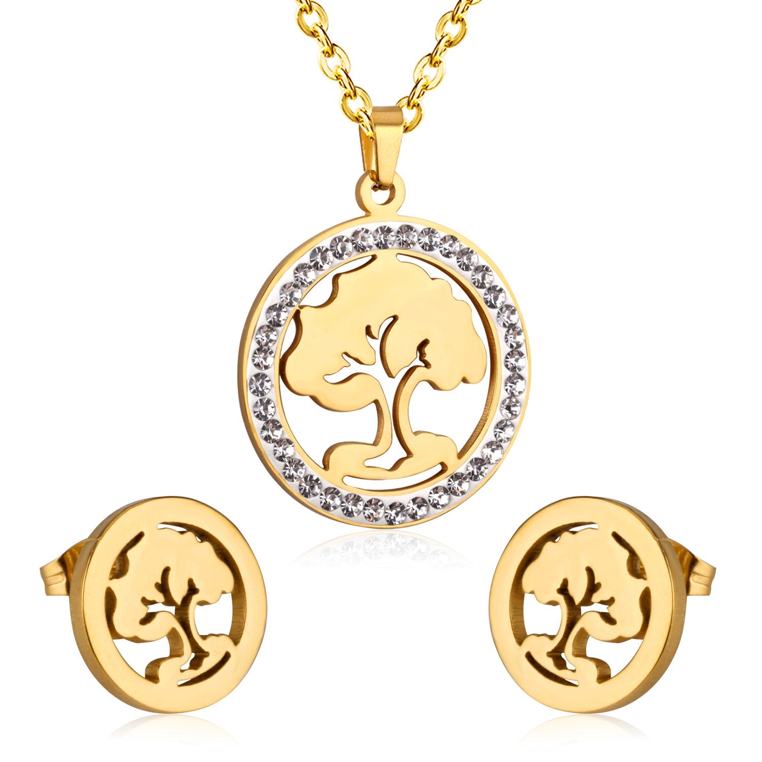 Steel/golden smooth partially glued diamond hollow tree cut jewelry set asonjewelry