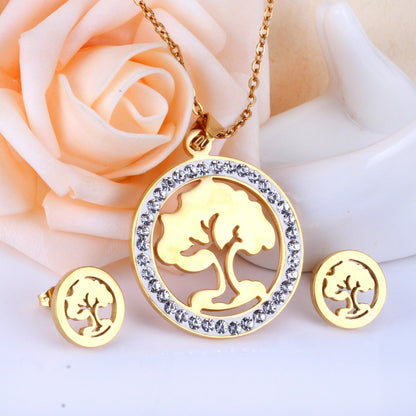 Steel/golden smooth partially glued diamond hollow tree cut jewelry set asonjewelry