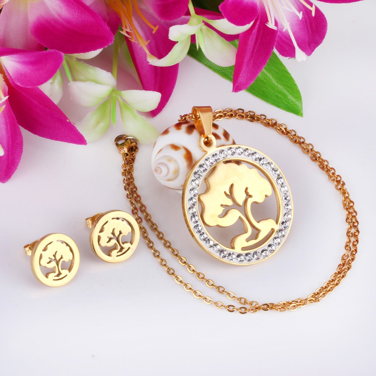 Steel/golden smooth partially glued diamond hollow tree cut jewelry set asonjewelry