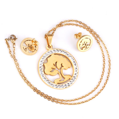 Steel/golden smooth partially glued diamond hollow tree cut jewelry set asonjewelry