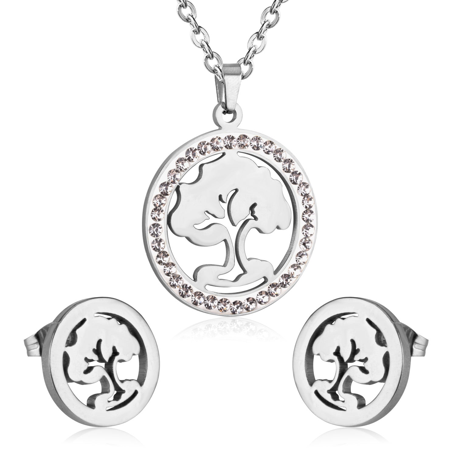 Steel/golden smooth partially glued diamond hollow tree cut jewelry set asonjewelry