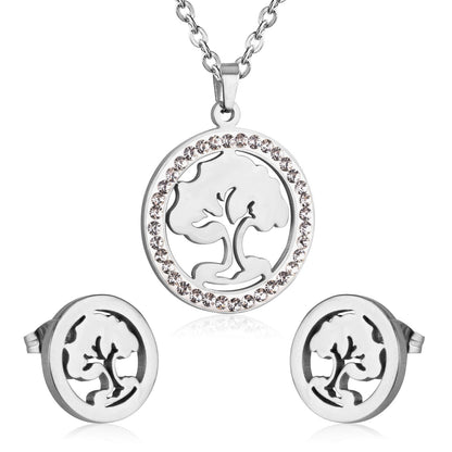 Steel/golden smooth partially glued diamond hollow tree cut jewelry set asonjewelry