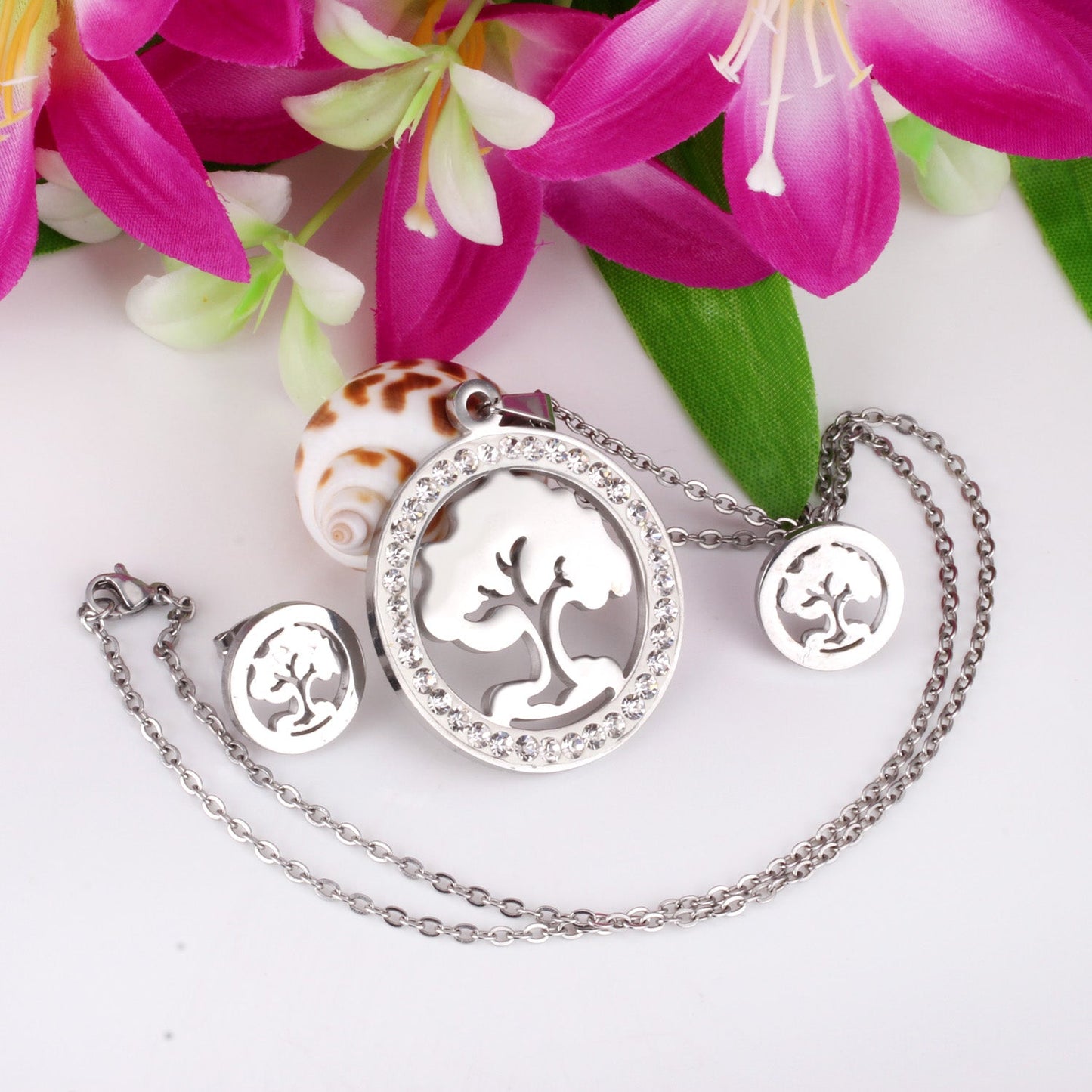 Steel/golden smooth partially glued diamond hollow tree cut jewelry set asonjewelry