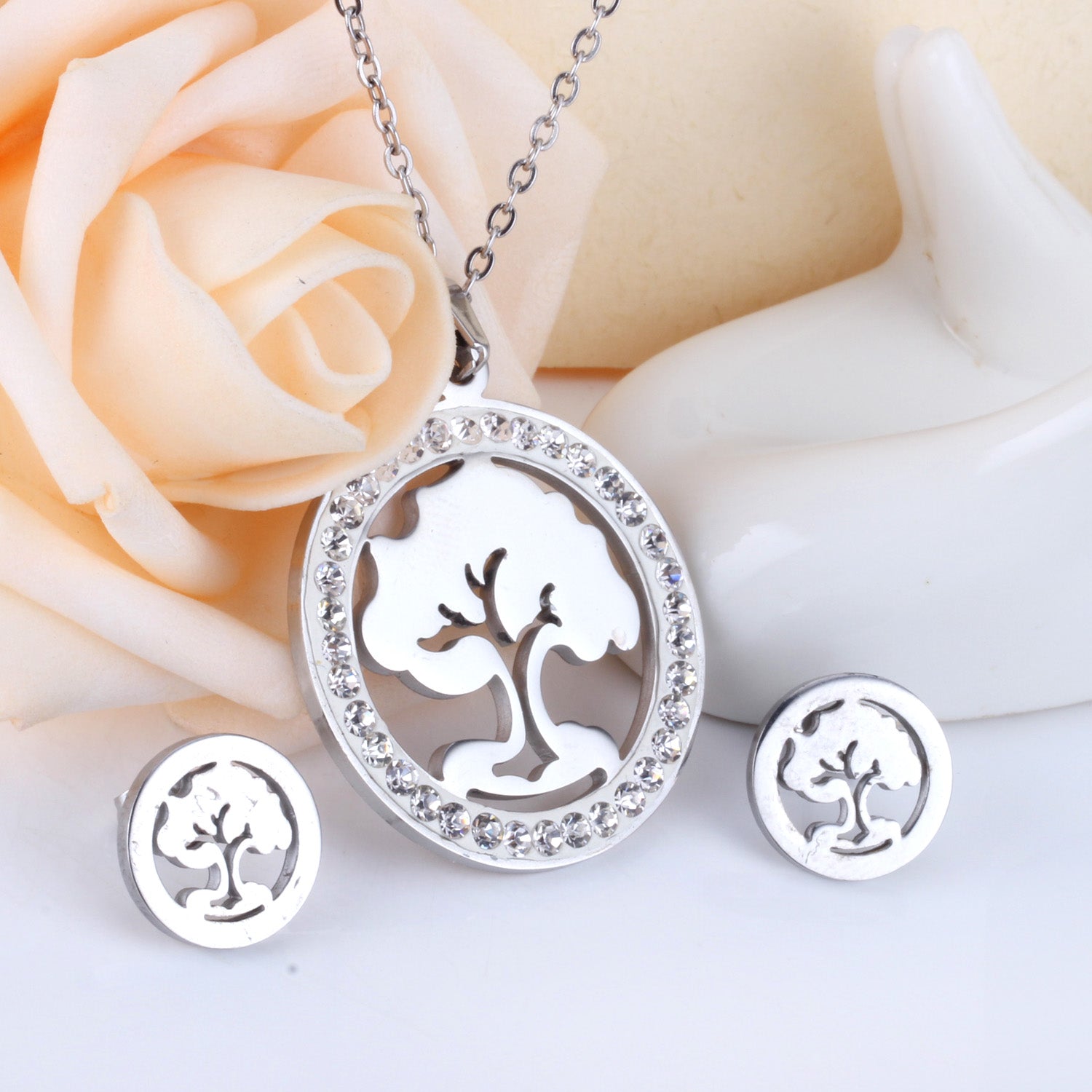 Steel/golden smooth partially glued diamond hollow tree cut jewelry set asonjewelry