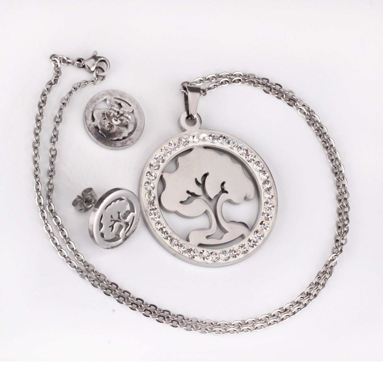 Steel/golden smooth partially glued diamond hollow tree cut jewelry set asonjewelry