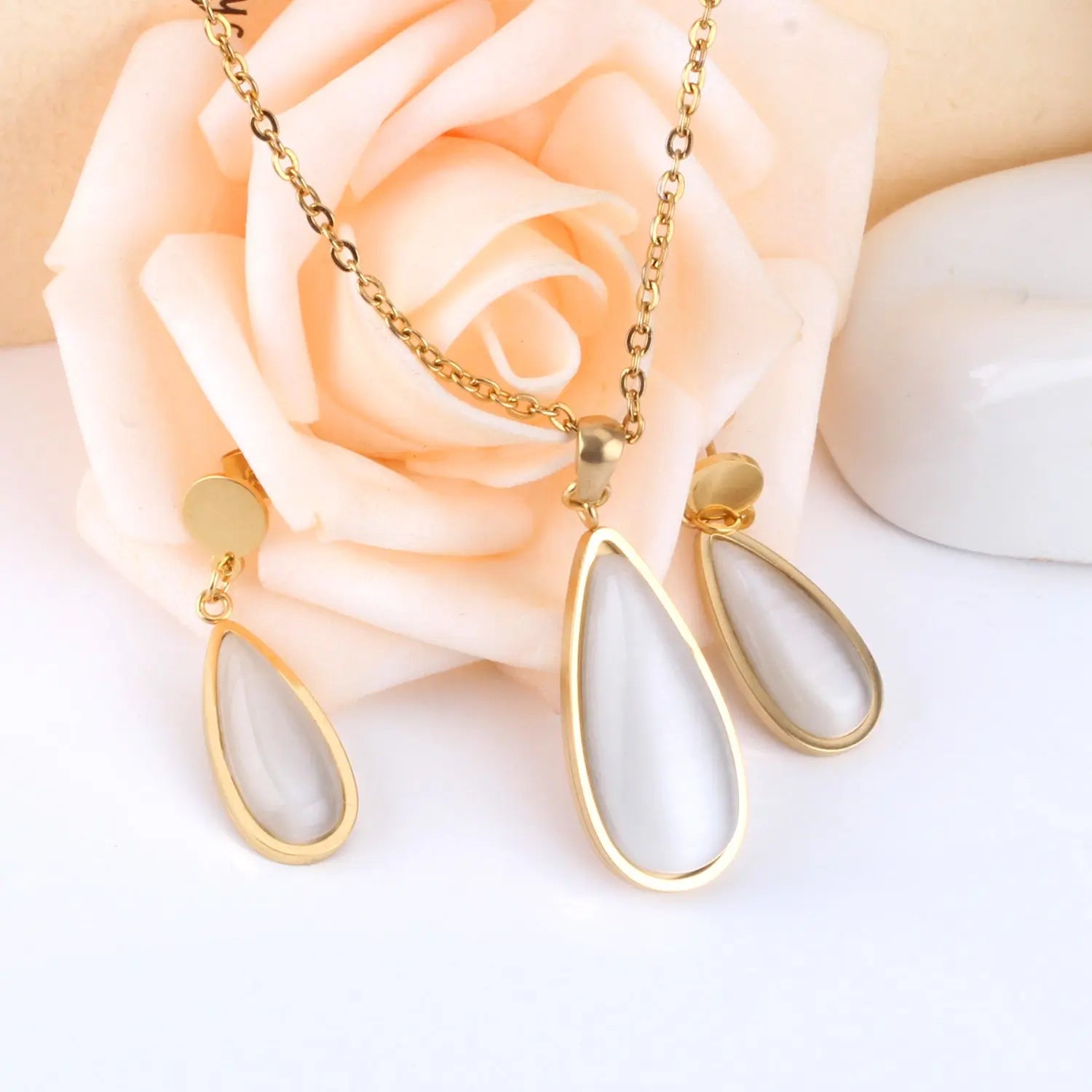 Luxury Weding Dubai Bridal Jewelry Sets Of Necklace And Earing Water Drop Stone Trendy Stainlee Steel Set For Women asonjewelry