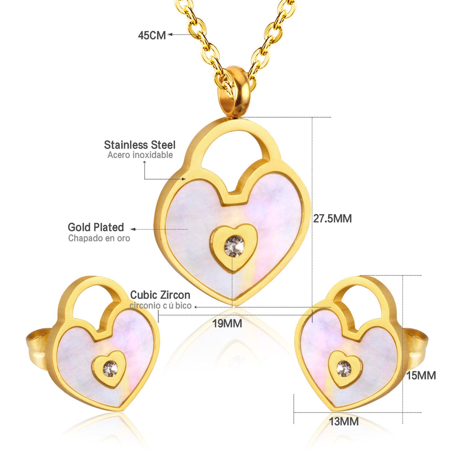 Gold/Steel Heart Shape Hand Basket White Shell with Diamonds Jewelry Set asonjewelry
