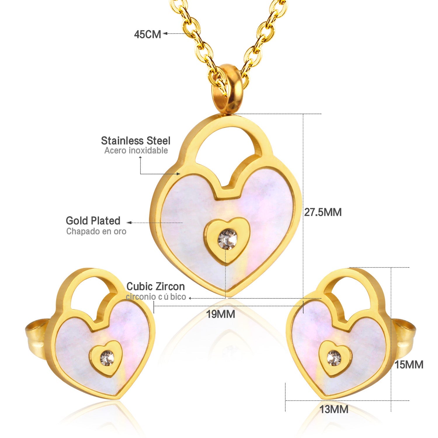 Gold/Steel Heart Shape Hand Basket White Shell with Diamonds Jewelry Set asonjewelry