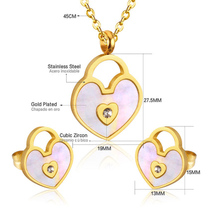 Gold/Steel Heart Shape Hand Basket White Shell with Diamonds Jewelry Set asonjewelry