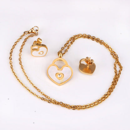 Gold/Steel Heart Shape Hand Basket White Shell with Diamonds Jewelry Set asonjewelry