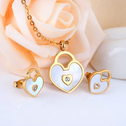 Gold/Steel Heart Shape Hand Basket White Shell with Diamonds Jewelry Set asonjewelry