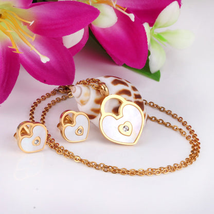 Gold/Steel Heart Shape Hand Basket White Shell with Diamonds Jewelry Set asonjewelry