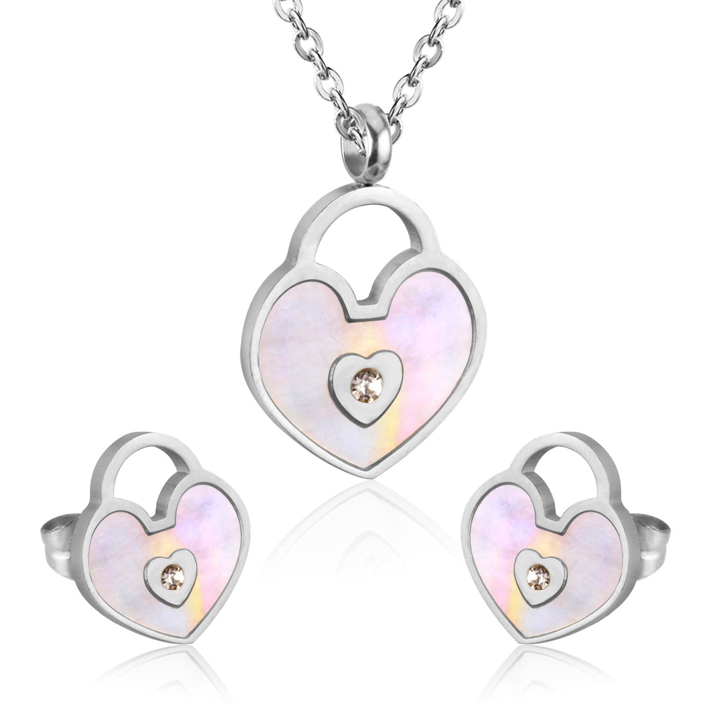 Gold/Steel Heart Shape Hand Basket White Shell with Diamonds Jewelry Set asonjewelry