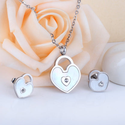 Gold/Steel Heart Shape Hand Basket White Shell with Diamonds Jewelry Set asonjewelry