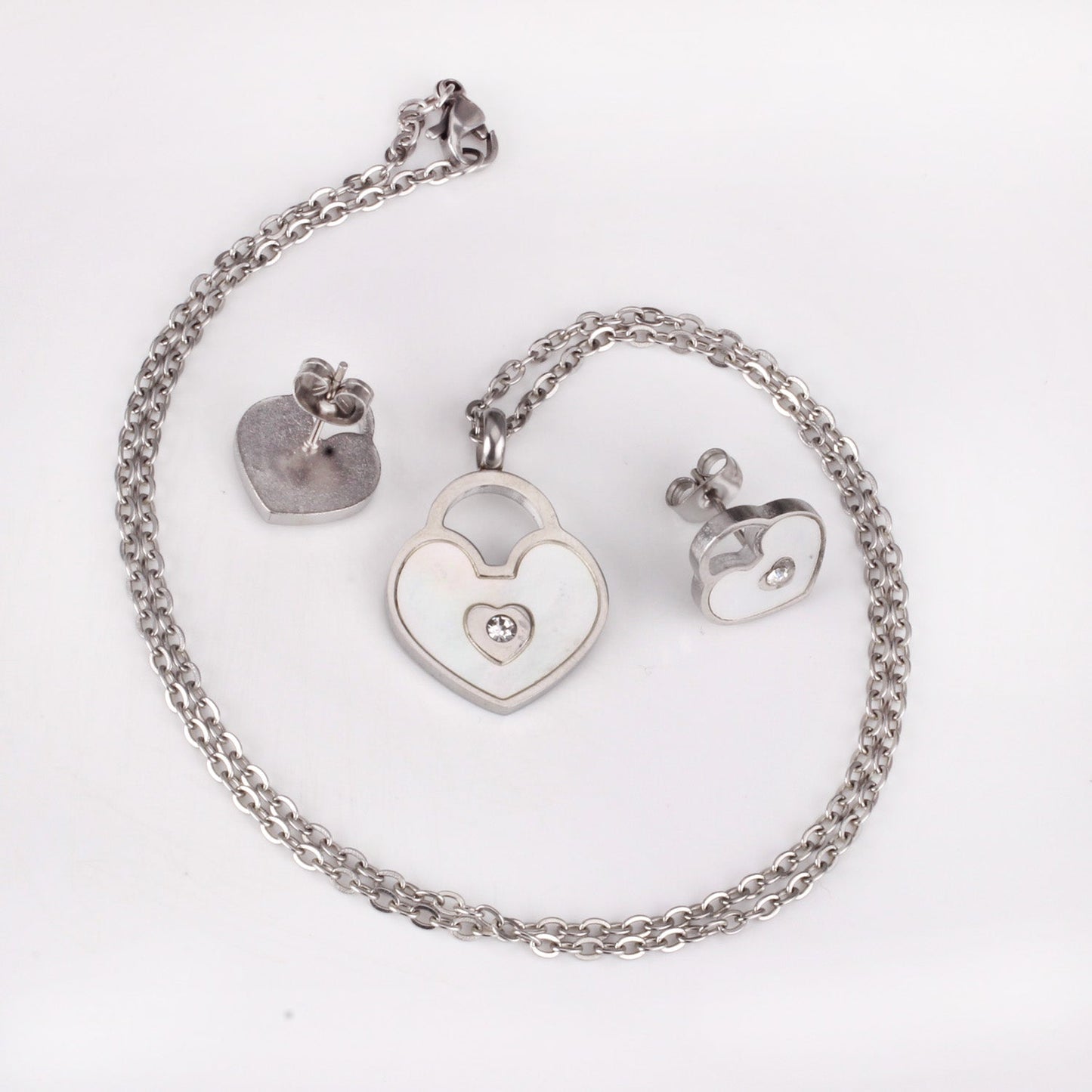 Gold/Steel Heart Shape Hand Basket White Shell with Diamonds Jewelry Set asonjewelry