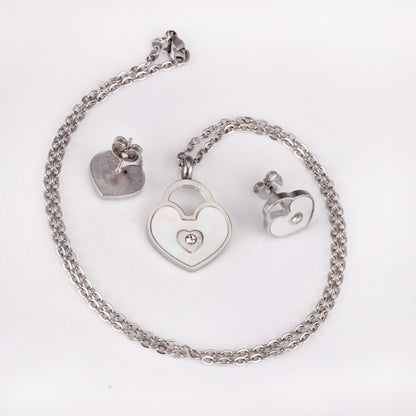 Gold/Steel Heart Shape Hand Basket White Shell with Diamonds Jewelry Set asonjewelry