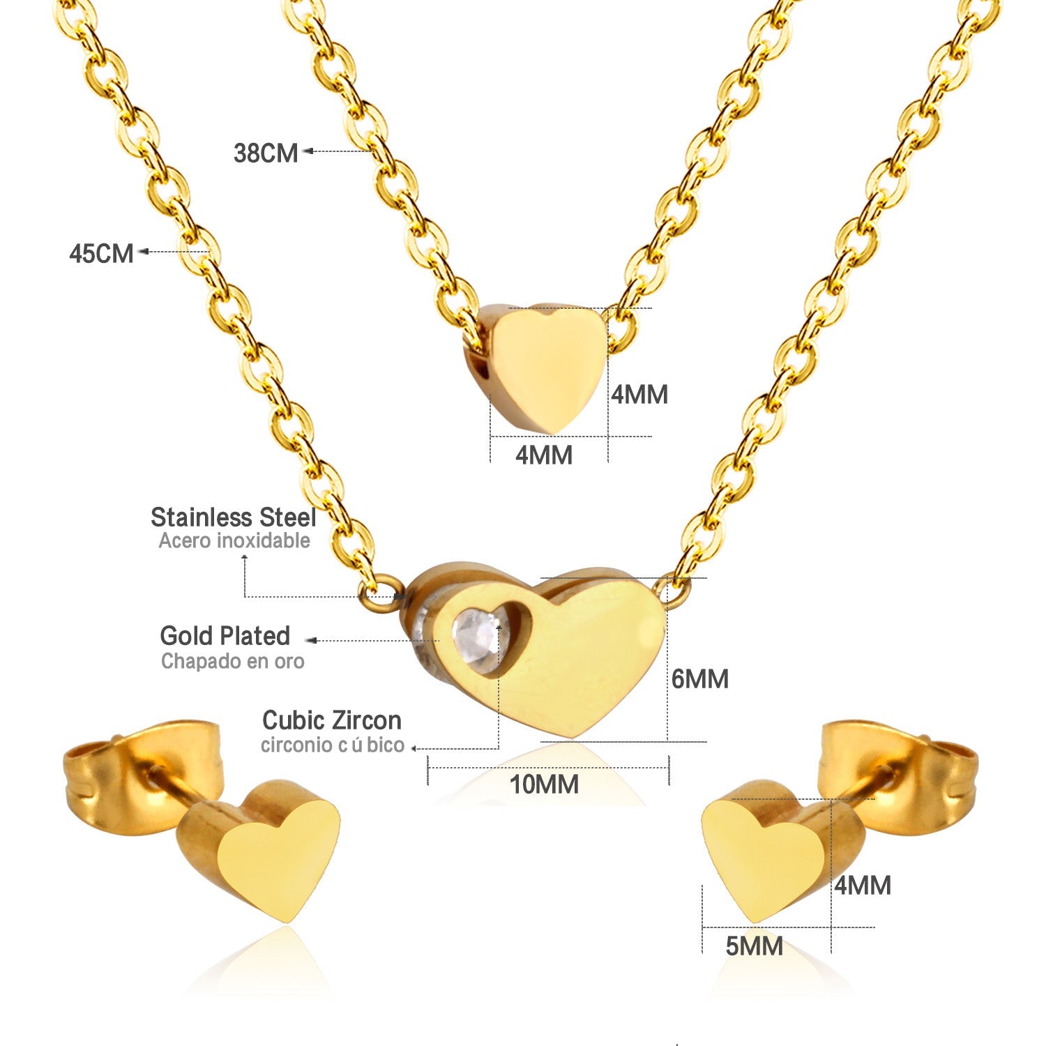 Gold/steel color glossy heart shaped double chain pendant jewelry set with diamond in the middle asonjewelry
