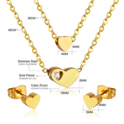 Gold/steel color glossy heart shaped double chain pendant jewelry set with diamond in the middle asonjewelry