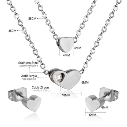 Gold/steel color glossy heart shaped double chain pendant jewelry set with diamond in the middle asonjewelry