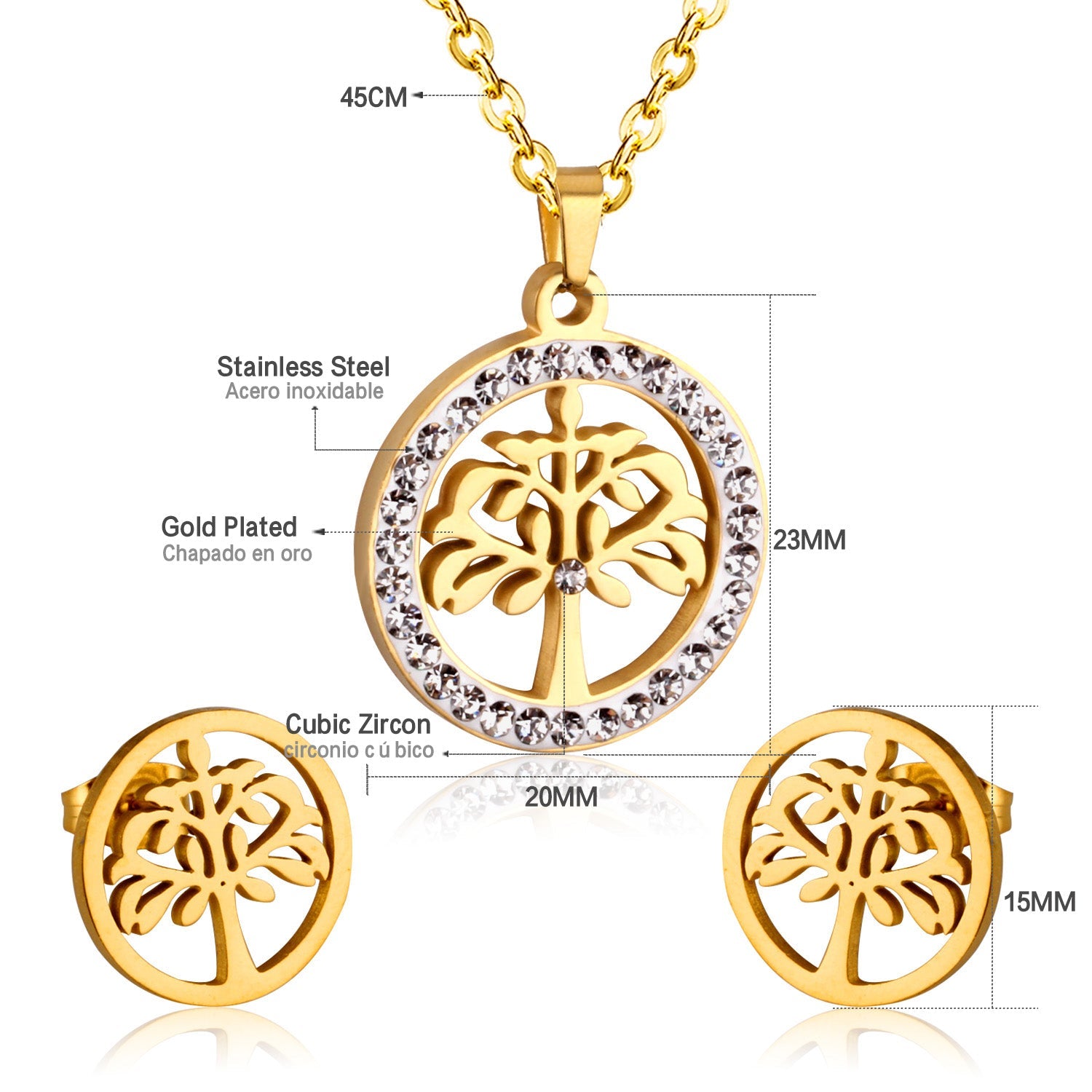 Gold/Steel Round Cut Pattern White Clay Sticky Diamonds Jewelry Set asonjewelry