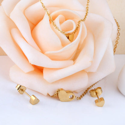 Gold/steel color glossy heart shaped double chain pendant jewelry set with diamond in the middle asonjewelry