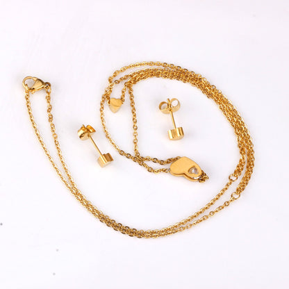 Gold/steel color glossy heart shaped double chain pendant jewelry set with diamond in the middle asonjewelry