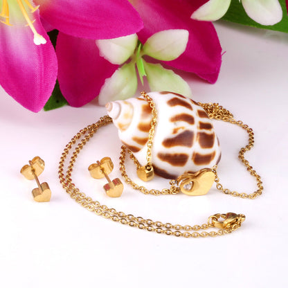 Gold/steel color glossy heart shaped double chain pendant jewelry set with diamond in the middle asonjewelry