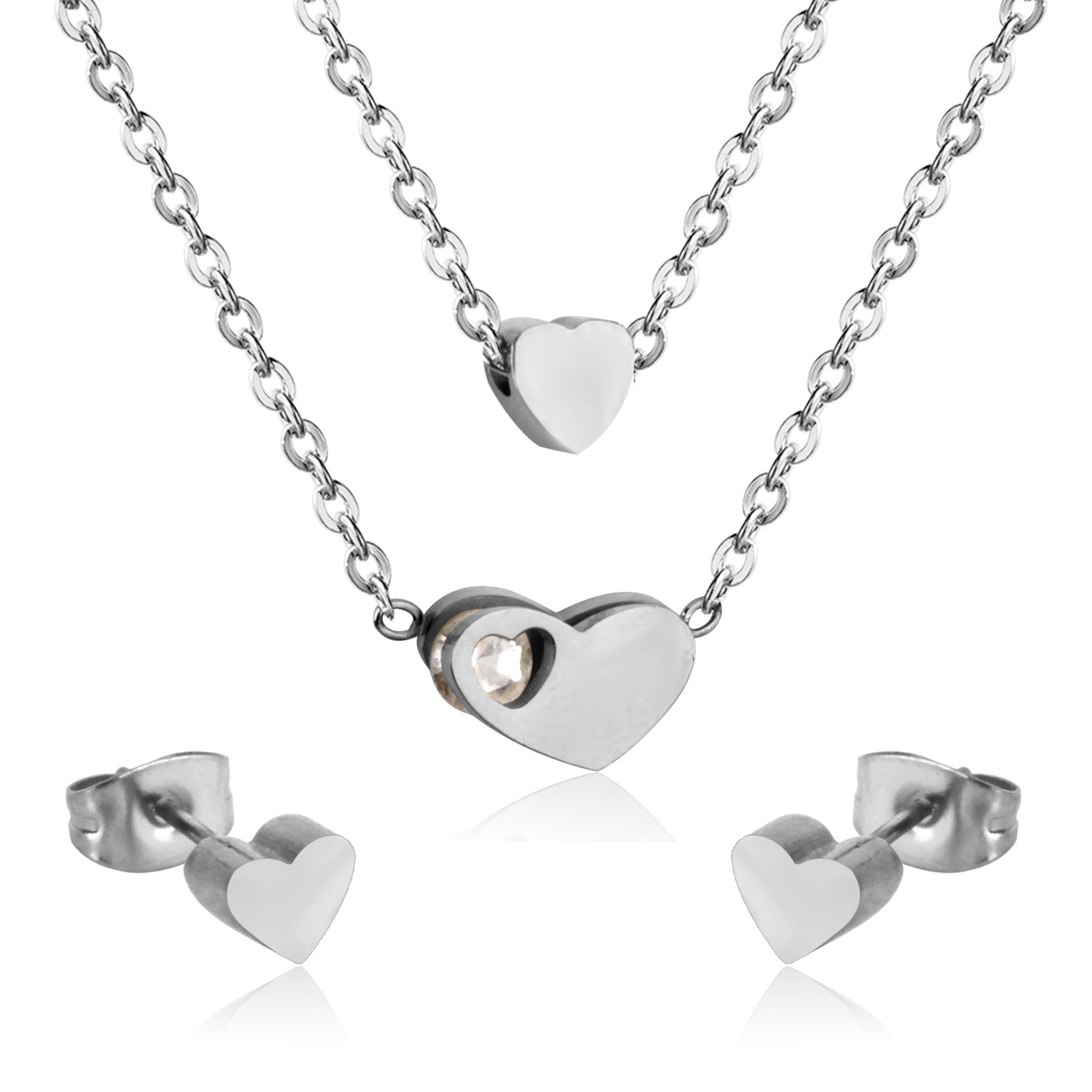 Gold/steel color glossy heart shaped double chain pendant jewelry set with diamond in the middle asonjewelry