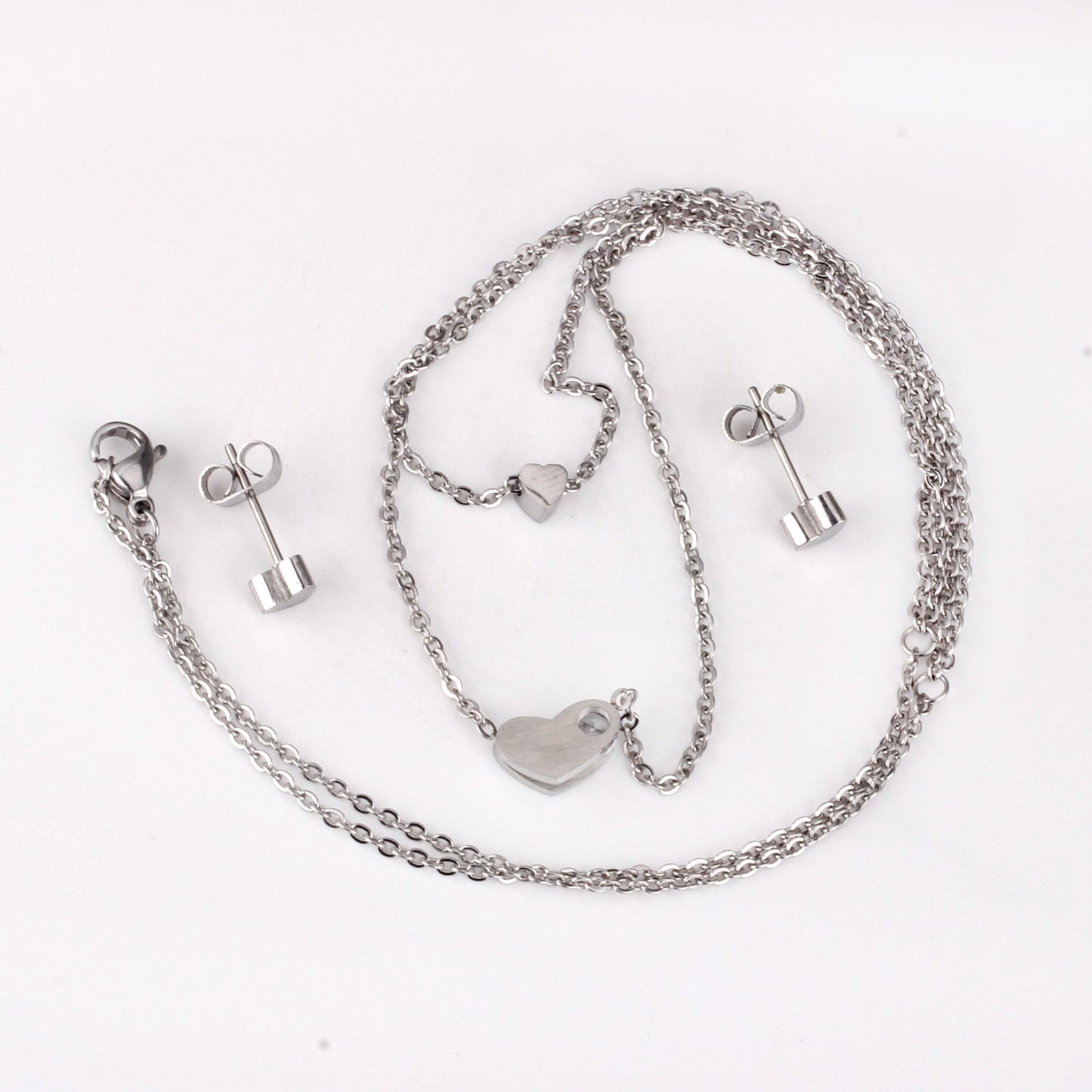 Gold/steel color glossy heart shaped double chain pendant jewelry set with diamond in the middle asonjewelry