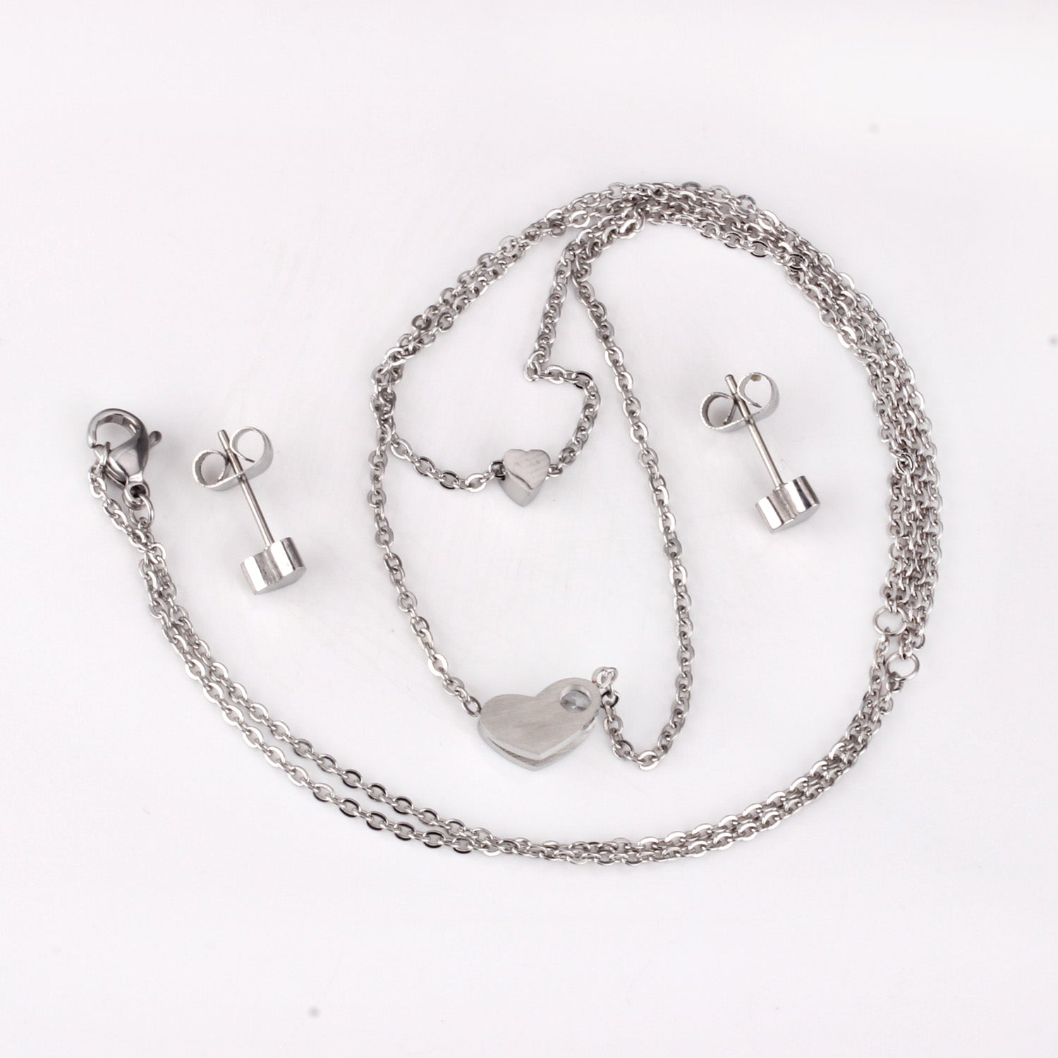 Gold/steel color glossy heart shaped double chain pendant jewelry set with diamond in the middle asonjewelry