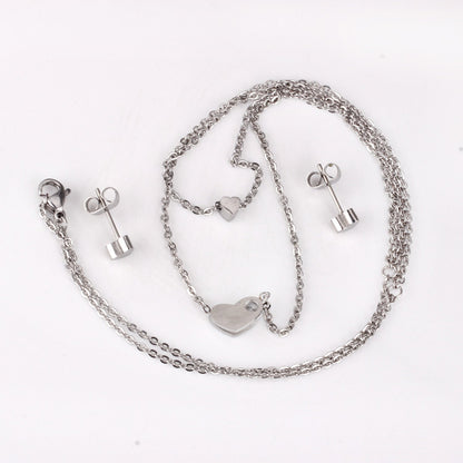 Gold/steel color glossy heart shaped double chain pendant jewelry set with diamond in the middle asonjewelry