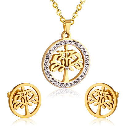 Gold/Steel Round Cut Pattern White Clay Sticky Diamonds Jewelry Set asonjewelry