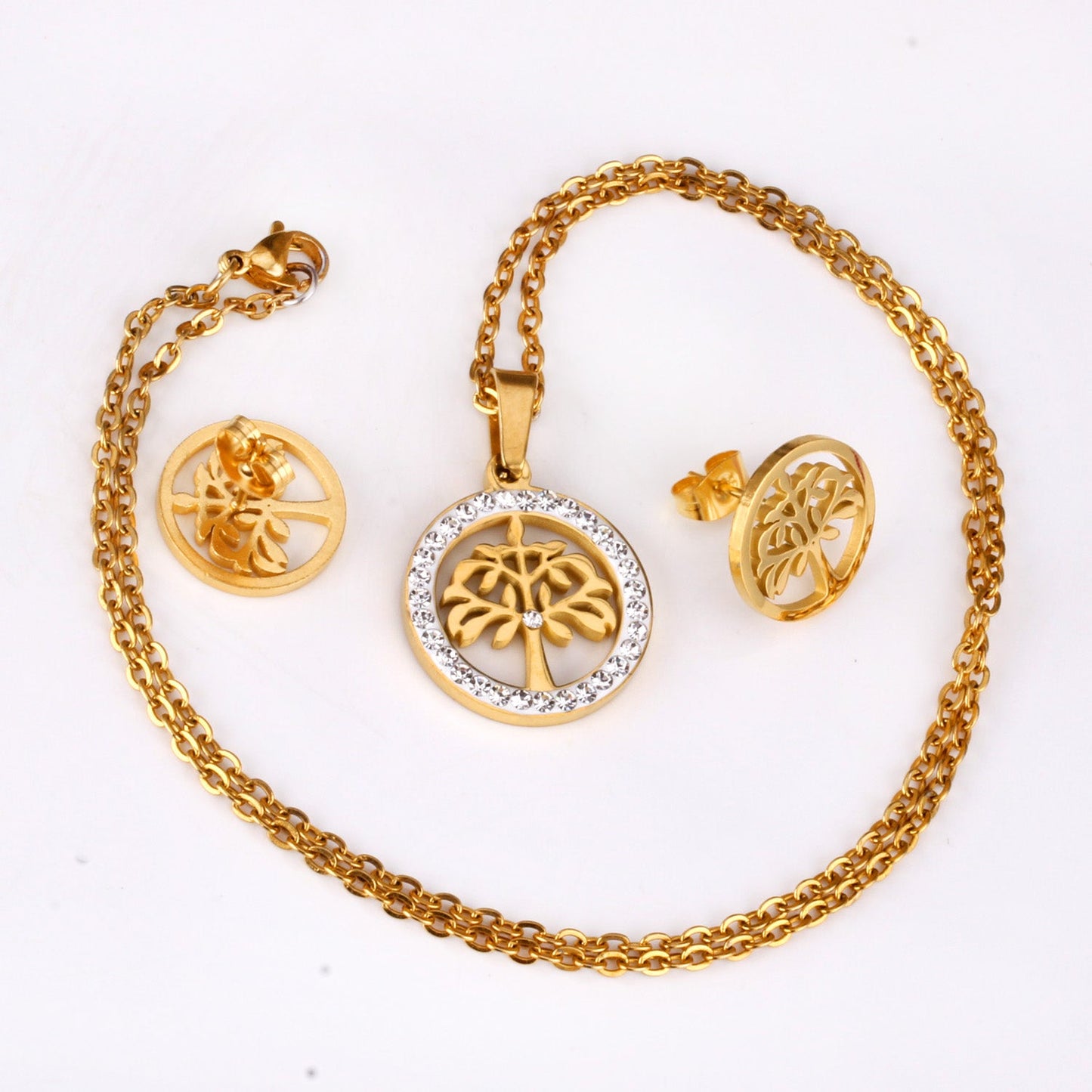 Gold/Steel Round Cut Pattern White Clay Sticky Diamonds Jewelry Set asonjewelry