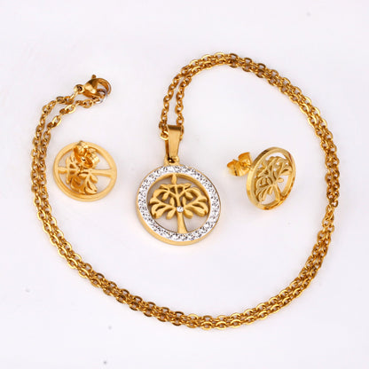 Gold/Steel Round Cut Pattern White Clay Sticky Diamonds Jewelry Set asonjewelry
