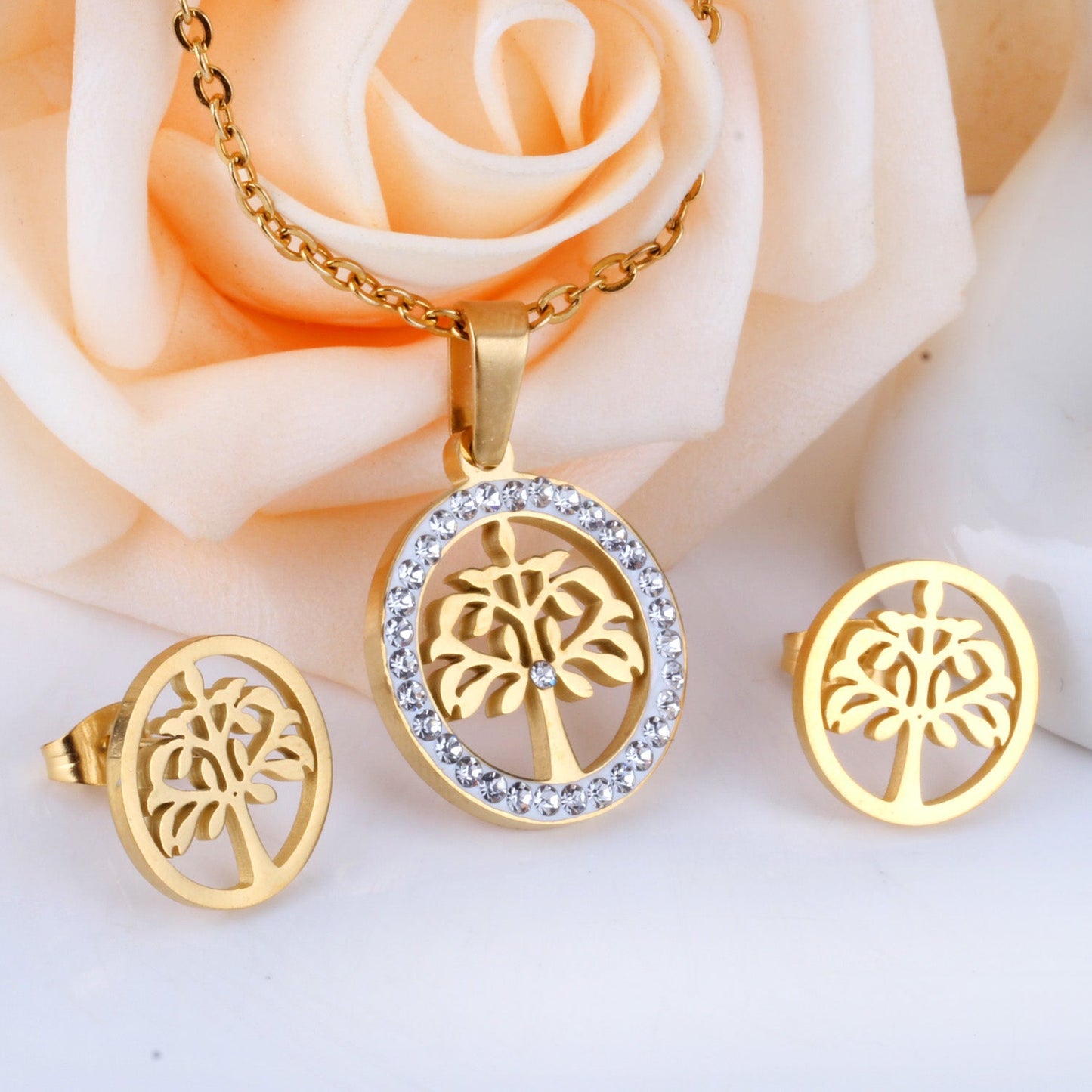 Gold/Steel Round Cut Pattern White Clay Sticky Diamonds Jewelry Set asonjewelry