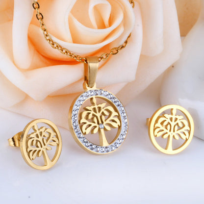 Gold/Steel Round Cut Pattern White Clay Sticky Diamonds Jewelry Set asonjewelry