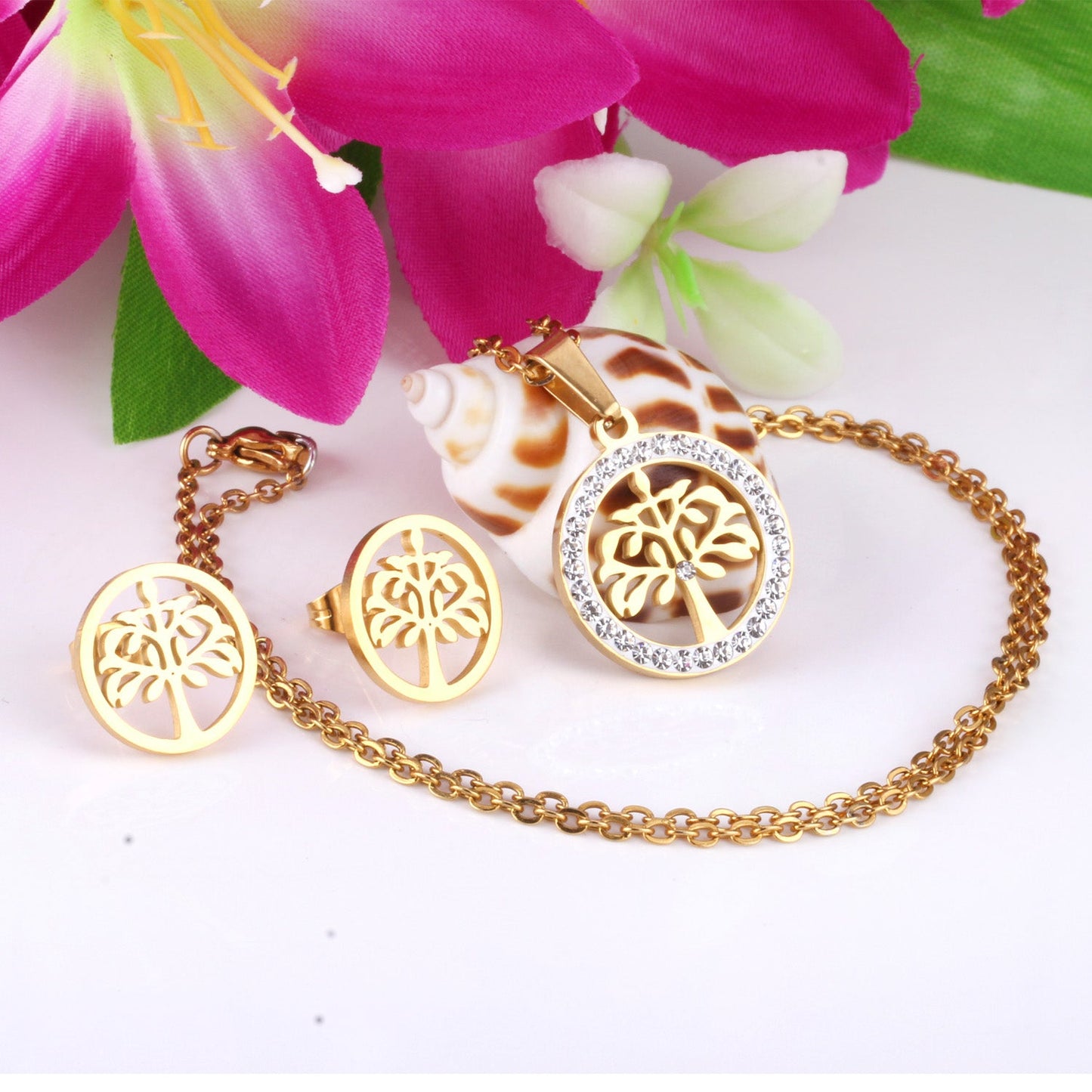 Gold/Steel Round Cut Pattern White Clay Sticky Diamonds Jewelry Set asonjewelry