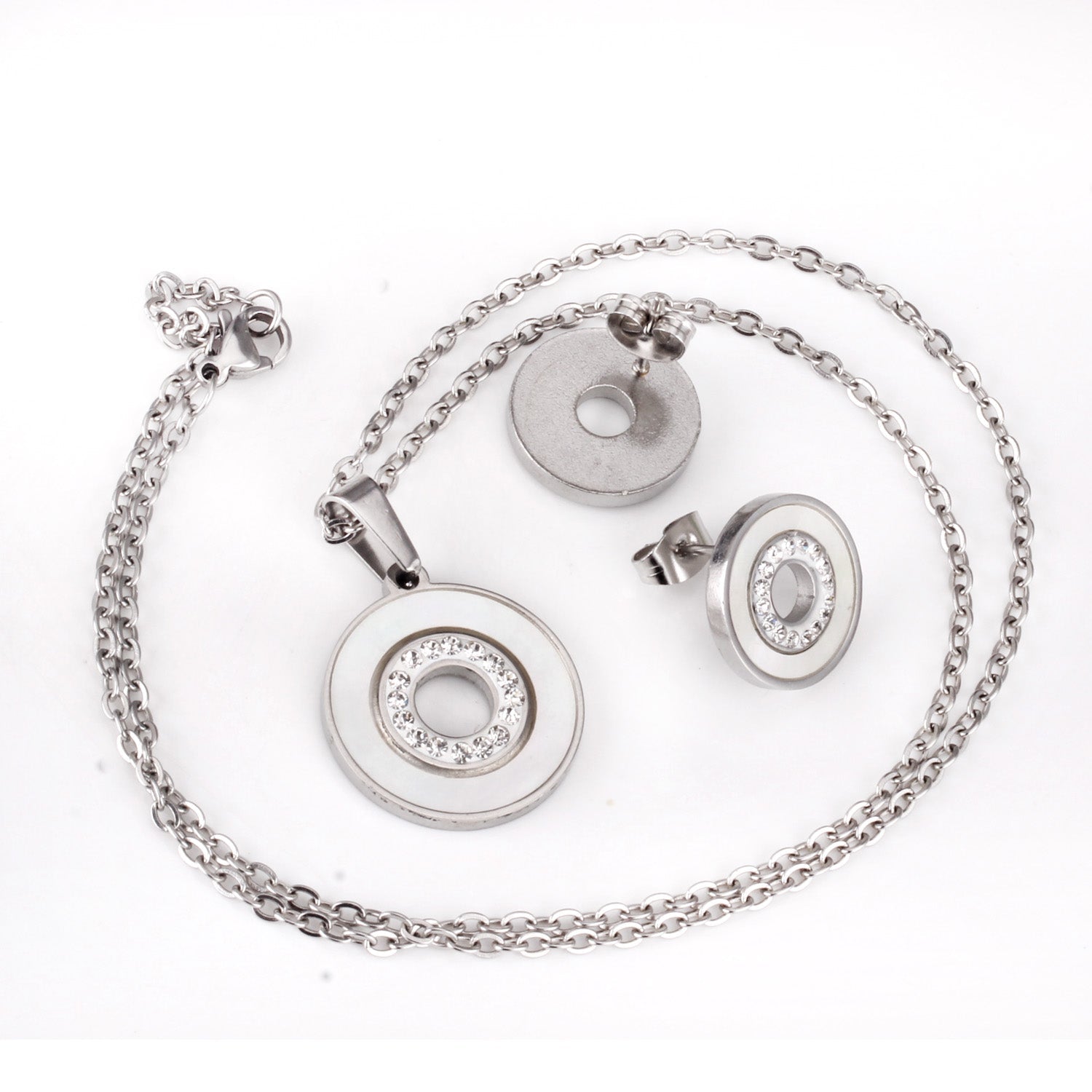 Gold/steel color white shells set with diamonds on top of circle with diamonds jewelry set asonjewelry