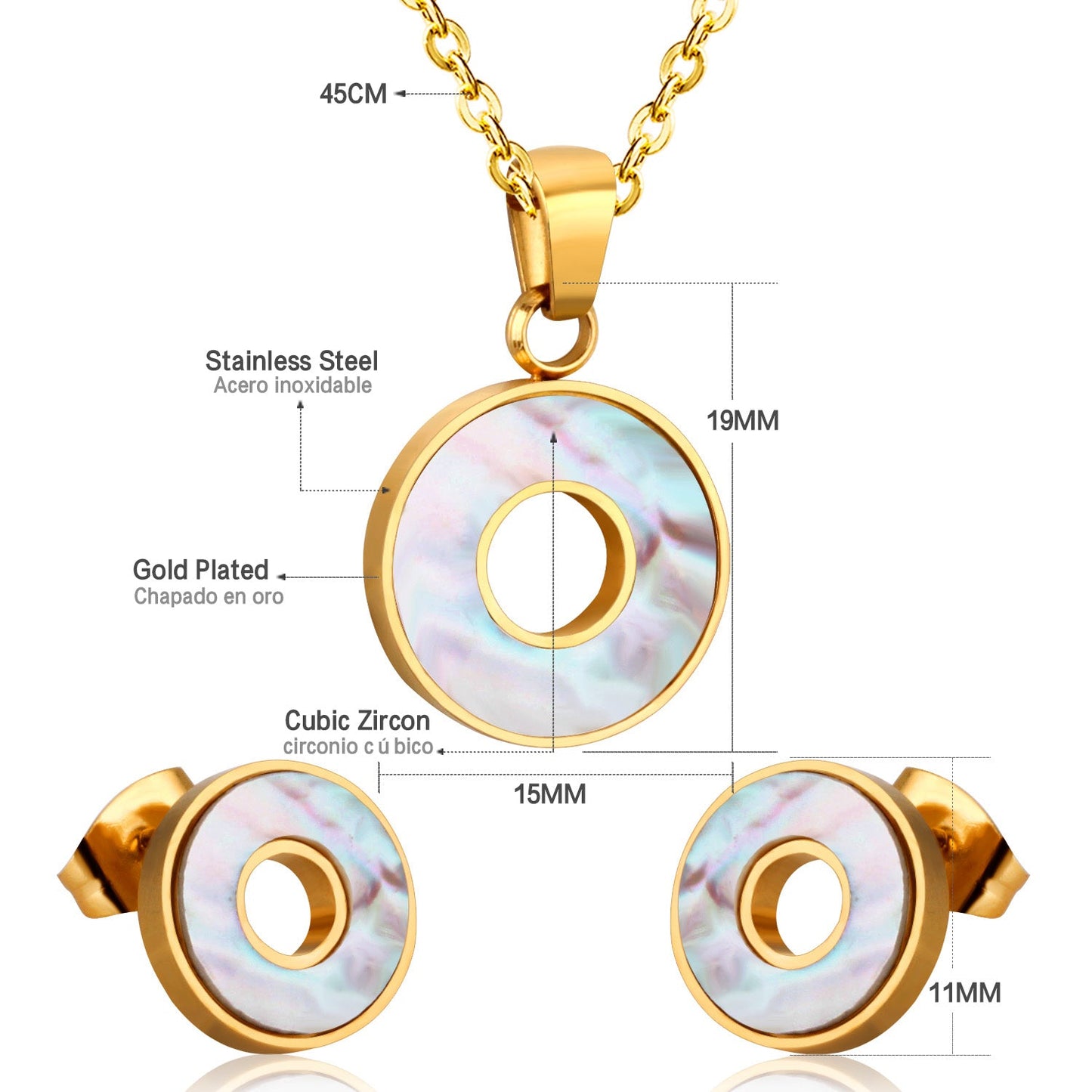 Steel/golden circle with glued circle shell jewelry set asonjewelry