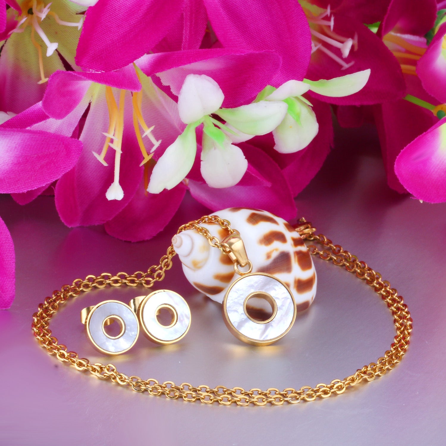 Steel/golden circle with glued circle shell jewelry set asonjewelry