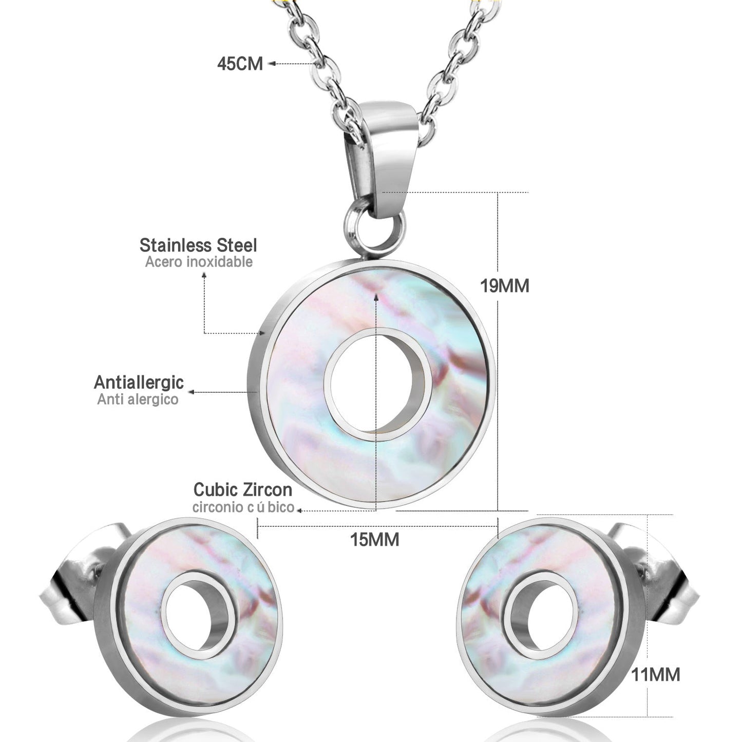 Steel/golden circle with glued circle shell jewelry set asonjewelry