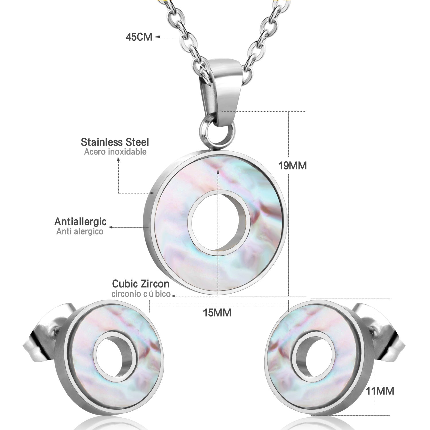 Steel/golden circle with glued circle shell jewelry set asonjewelry