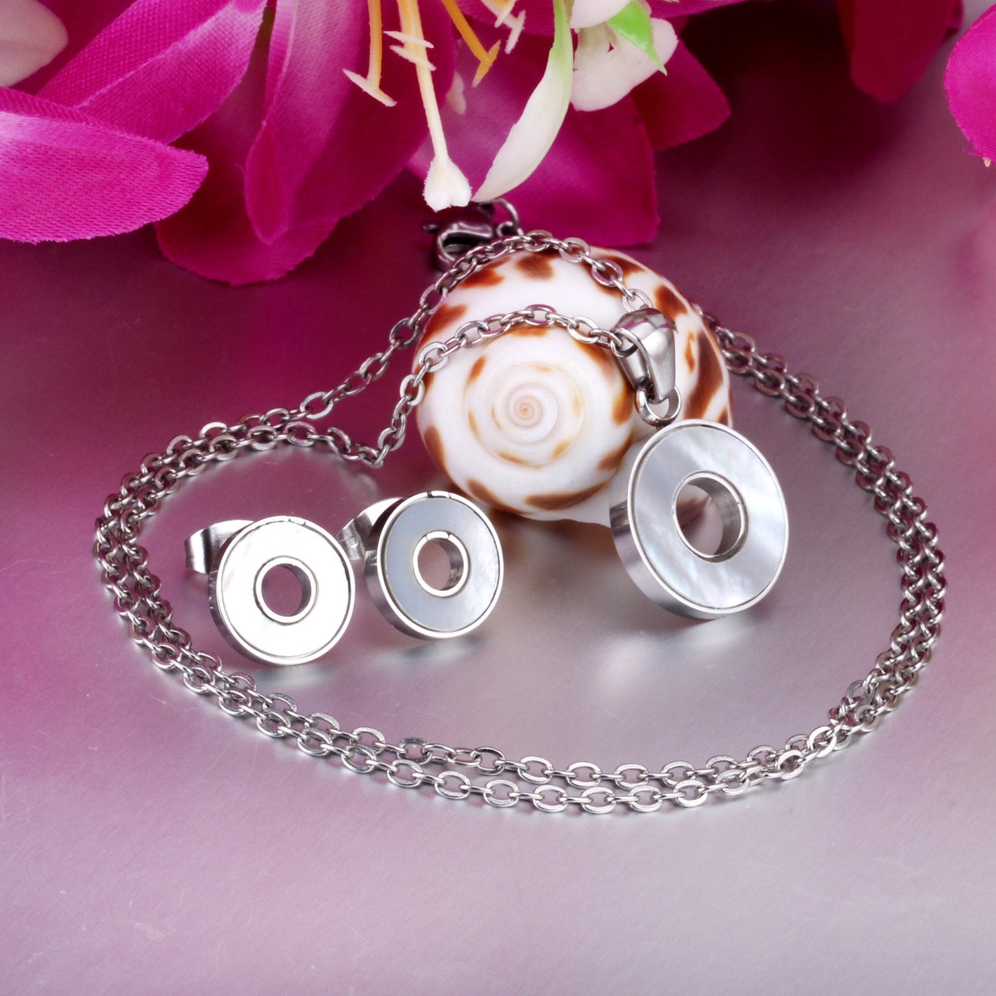 Steel/golden circle with glued circle shell jewelry set asonjewelry